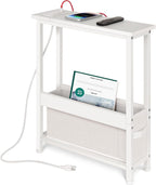 BAMGROW Slim Charging End Table with Storage - for Small Spaces and Bedroom (White)