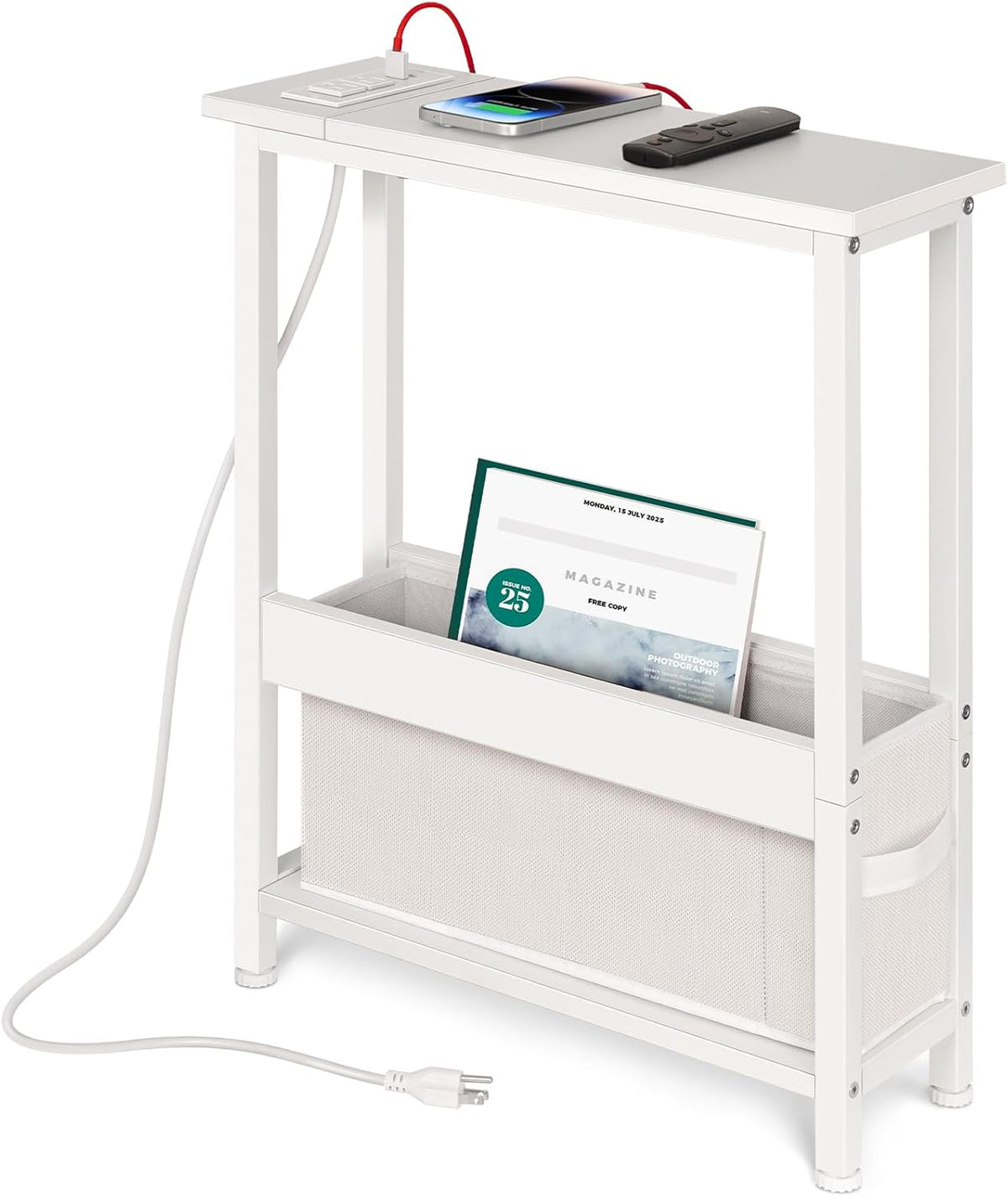 BAMGROW Slim Charging End Table with Storage - for Small Spaces and Bedroom (White)