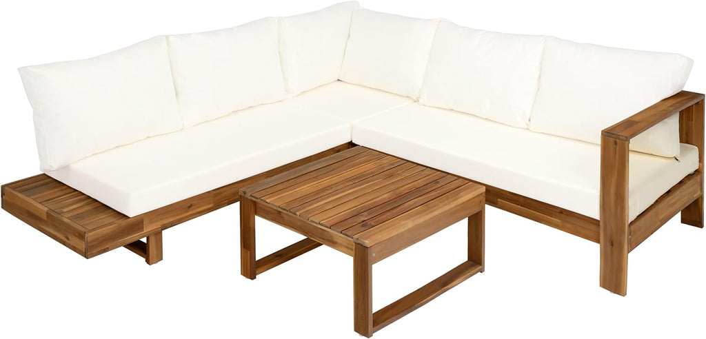 4pc Acacia Wood Outdoor Sectional Sofa Set with Cushions | Slatted Design - Modern Patio, Deck & Garden Seating for Ultimate Comfort