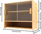 Small Bamboo Kitchen Pantry Sideboard w/ 2 Sliding Striped Glass Doors, Freestanding Countertop Storage Cabinet w/Adjustable Height, 3-Tier Kitchen Cabinet Utility Cupboard for Bottles, Dish, Bowl