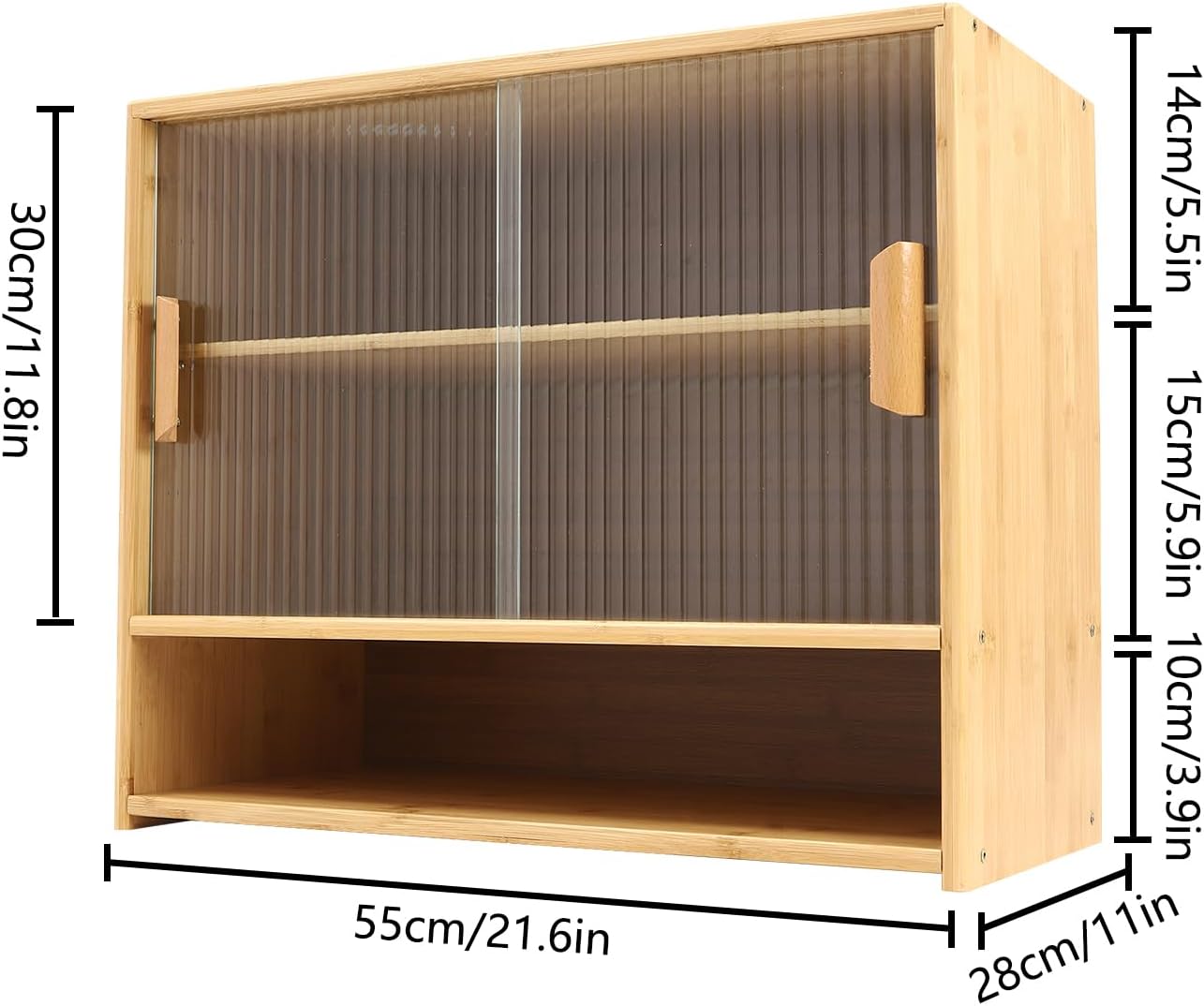 Small Bamboo Kitchen Pantry Sideboard w/ 2 Sliding Striped Glass Doors, Freestanding Countertop Storage Cabinet w/Adjustable Height, 3-Tier Kitchen Cabinet Utility Cupboard for Bottles, Dish, Bowl