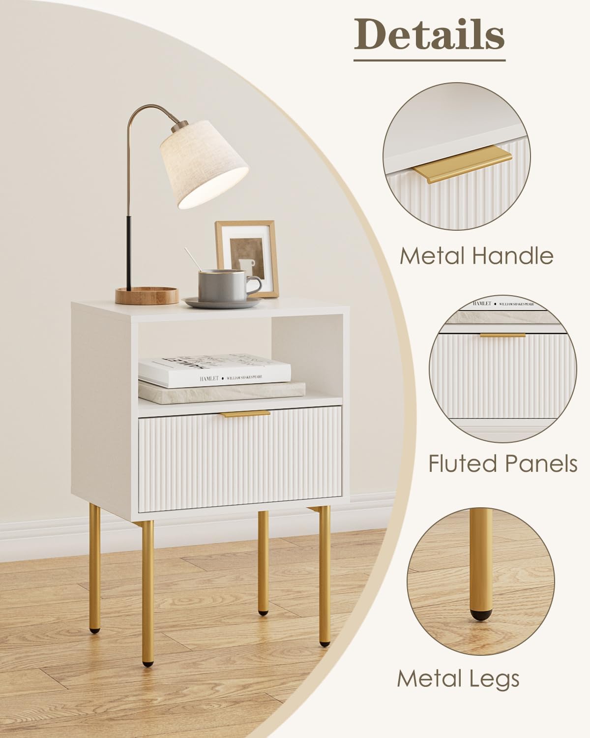 Aienvey Night Stand, Modern Nightstand with Drawers, Bedside Table, Gold Small Side Table for Bedroom, Living Room End Table (White Stripe, 1 Drawer)