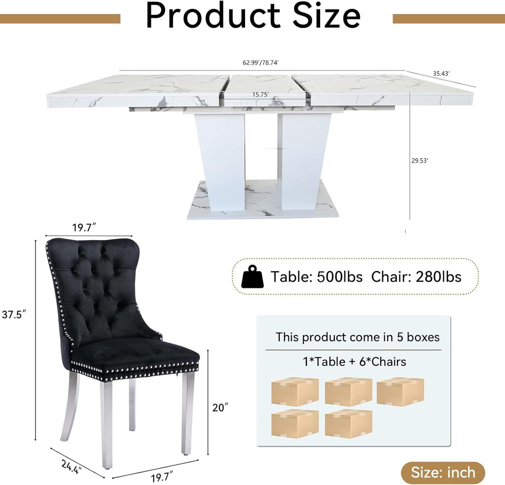Faux Marble Extendable Dining Table Set for 6, Modern White Kitchen Table Set with 6 Black Tufted Chairs, 7 Piece Extendable Dining Table Set, 63"-78.7" Expandable Dining Table with Sturdy Base
