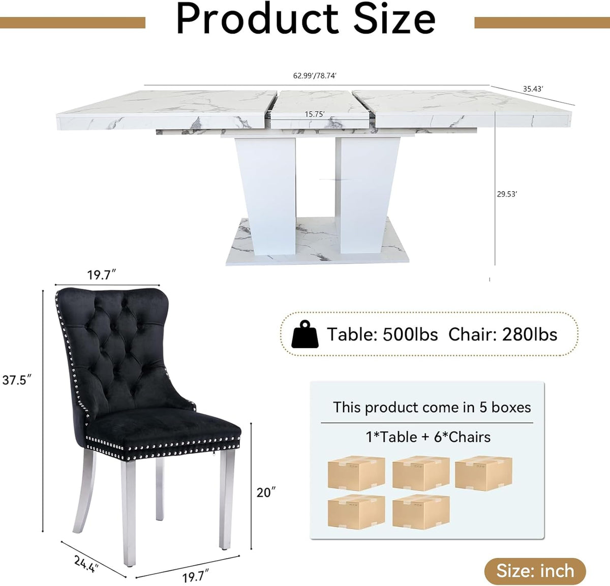 Faux Marble Extendable Dining Table Set for 6, Modern White Kitchen Table Set with 6 Black Tufted Chairs, 7 Piece Extendable Dining Table Set, 63"-78.7" Expandable Dining Table with Sturdy Base