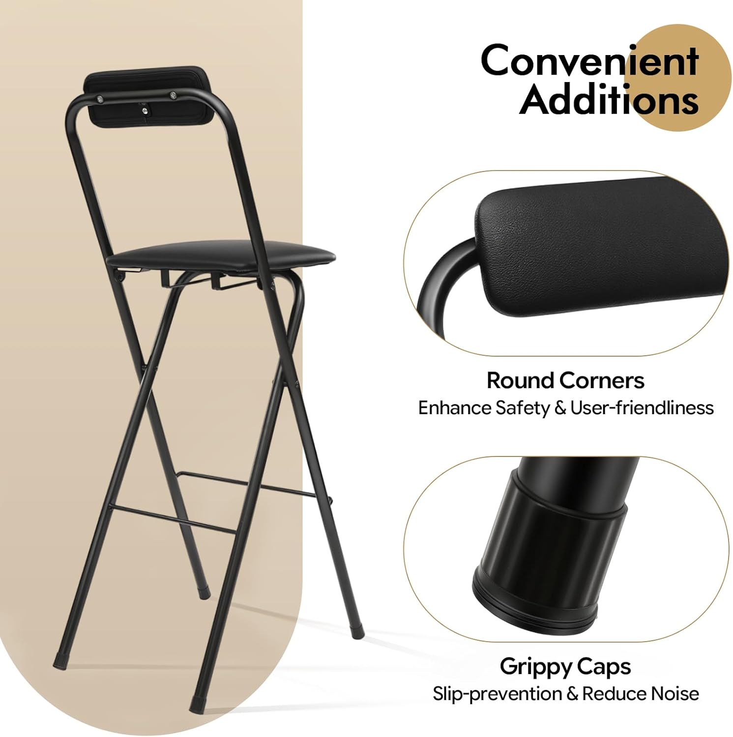 1 Pcs Folding Bar Stool with Backrest, 29.5 Inch Tall Foldable Stool Chair, Portable Space-Saving Counter Height Chair 275lbs Load Capacity for Kitchen Counter Home Dining, Black