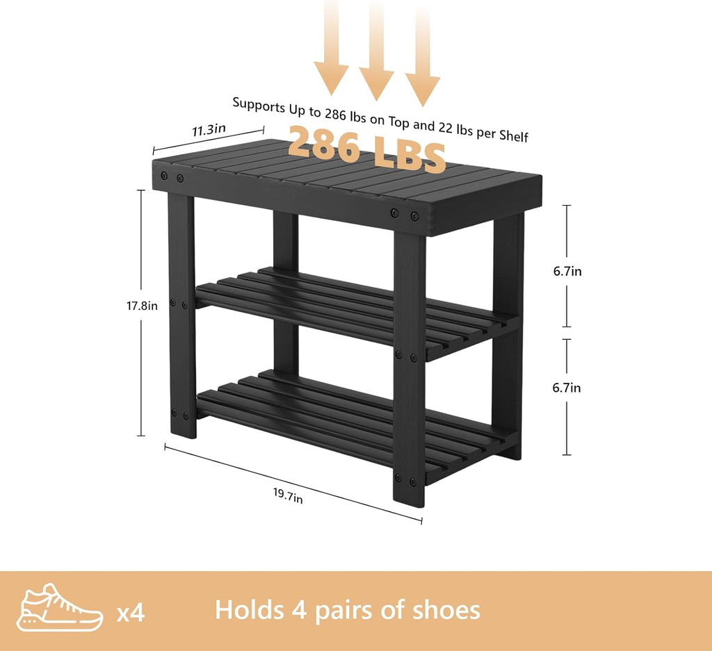 Sweetcrispy Shoe Rack Bench, 3-Tier Bamboo Entryway Storage Organizer, 286lb Capacity, Shoes Stand for FrontDoor Entrance, Bedroom, Living Room, Bathroom, Balcony, 19 Inches Length, Black