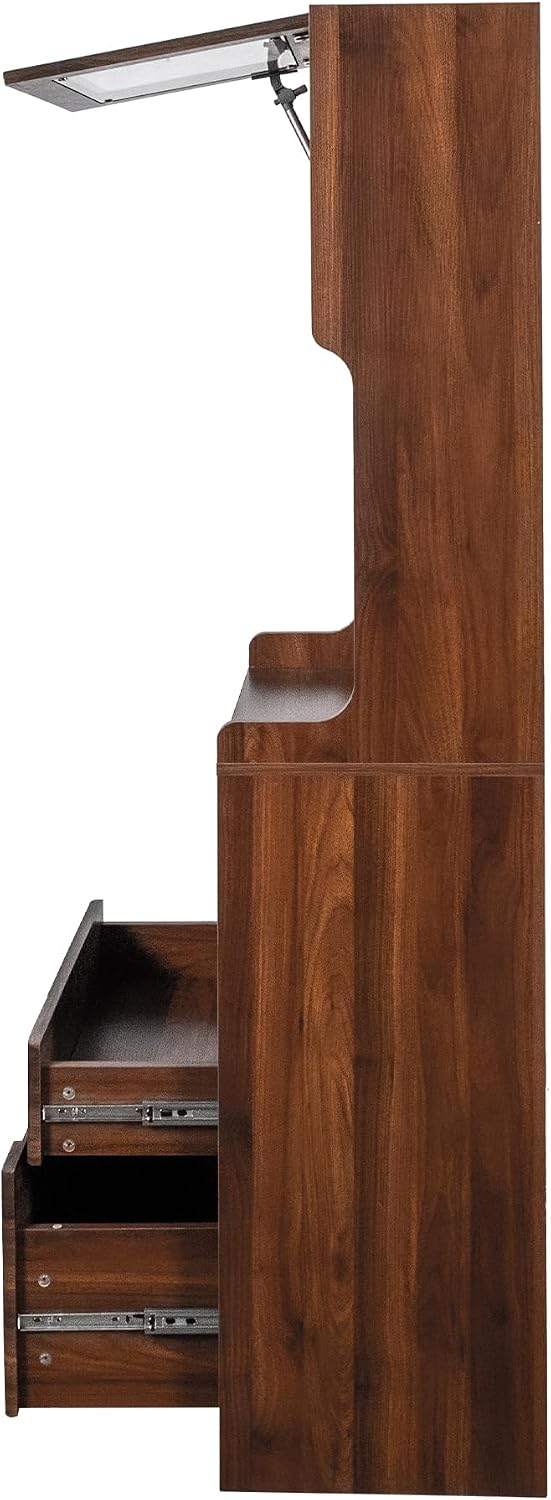 Farmhouse Kitchen Pantry Storage Cabinet with Microwave Stand - Freestanding Buffet Hutch Sideboard with 2 Drawers, Open Coffee Bar Shelf & Cable Hole, Wood Buffet Server for Dining Room & Kitchen