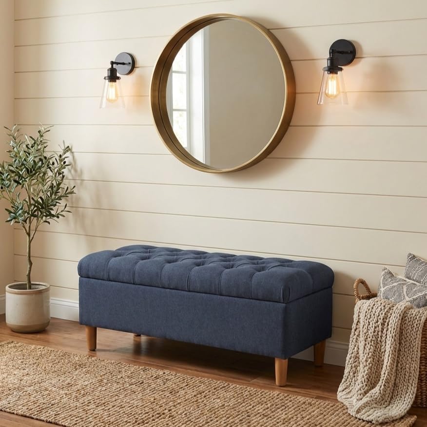Homepop Home Decor | Tufted Ainsley Button Storage Ottoman Bench with Hinged Lid | Ottoman Bench with Storage for Living Room & Bedroom, Blue Woven