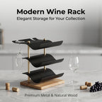 Modern Abstract Wine Rack, Black Metal Wine Holder with Wood Base, 3 Bottle Wine Display Stand for Countertop, Decorative Wine Rack for Home Bar Kitchen Decor, Unique Gift for Wine Lovers