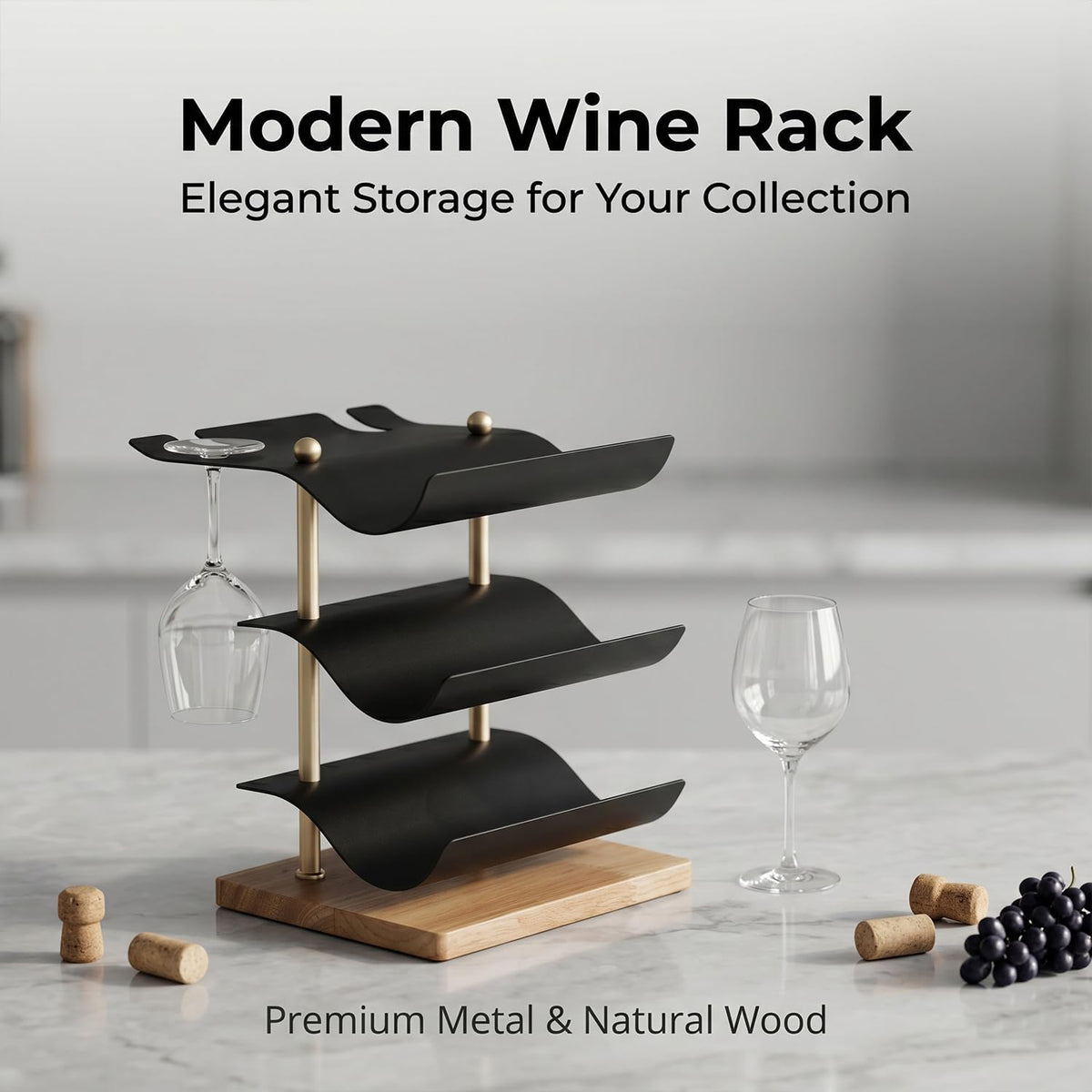 Modern Abstract Wine Rack, Black Metal Wine Holder with Wood Base, 3 Bottle Wine Display Stand for Countertop, Decorative Wine Rack for Home Bar Kitchen Decor, Unique Gift for Wine Lovers