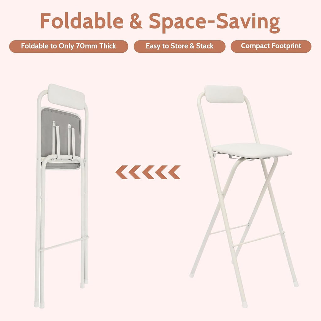 2PCS Folding Bar Stool with Backrest, 29.53in Tall Folding Chair Counter Height Foldable Chairs Tall Bar Collapsible Stools for Kitchen, Shop, Cafe, Dining Room (White)