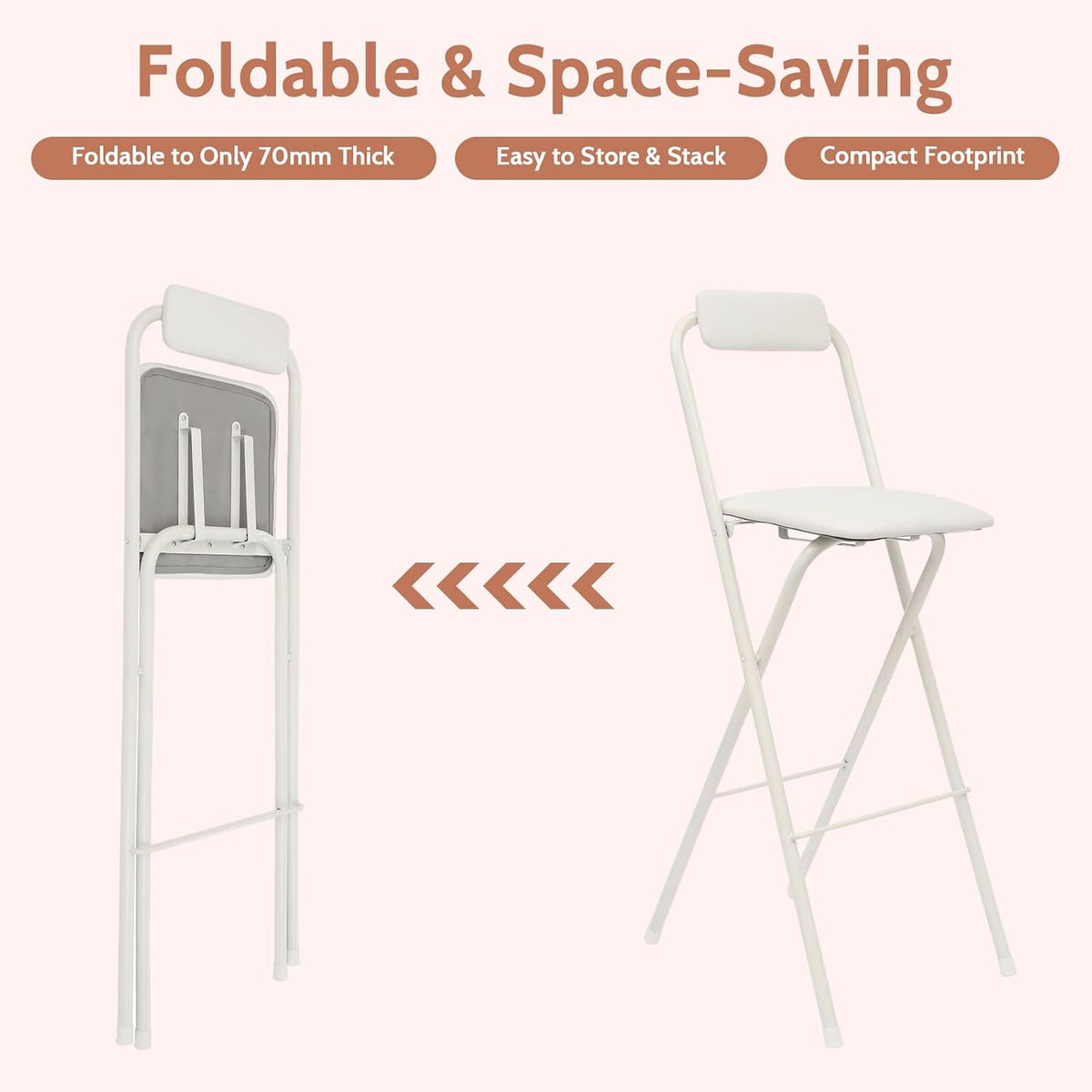 2PCS Folding Bar Stool with Backrest, 29.53in Tall Folding Chair Counter Height Foldable Chairs Tall Bar Collapsible Stools for Kitchen, Shop, Cafe, Dining Room (White)