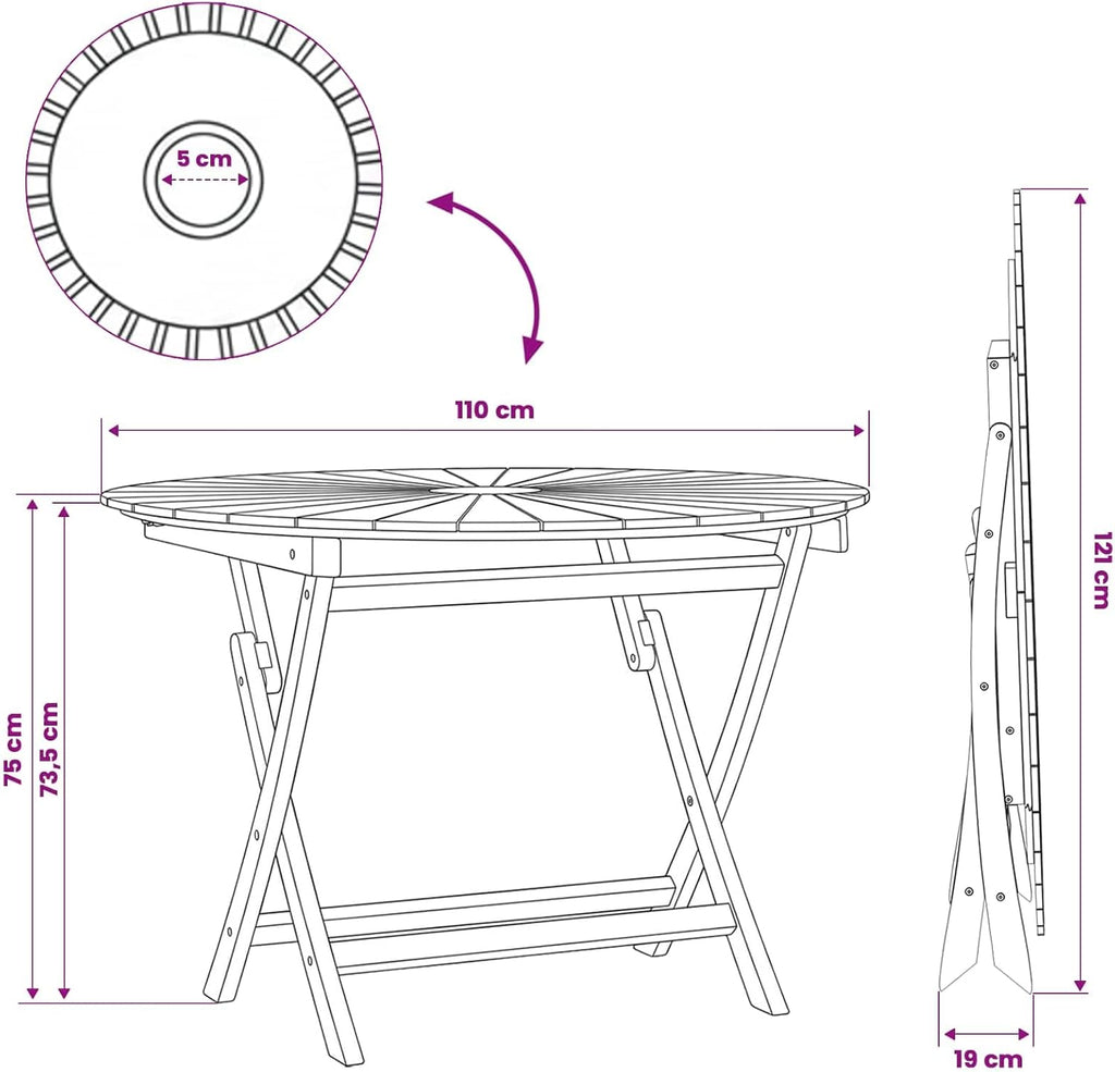 Round Solid Teak Folding Table with Water-Based Finish, 43.31 x 29.53 in, Slatted Top for Drainage, Umbrella Hole, Seats Four for Garden Patio