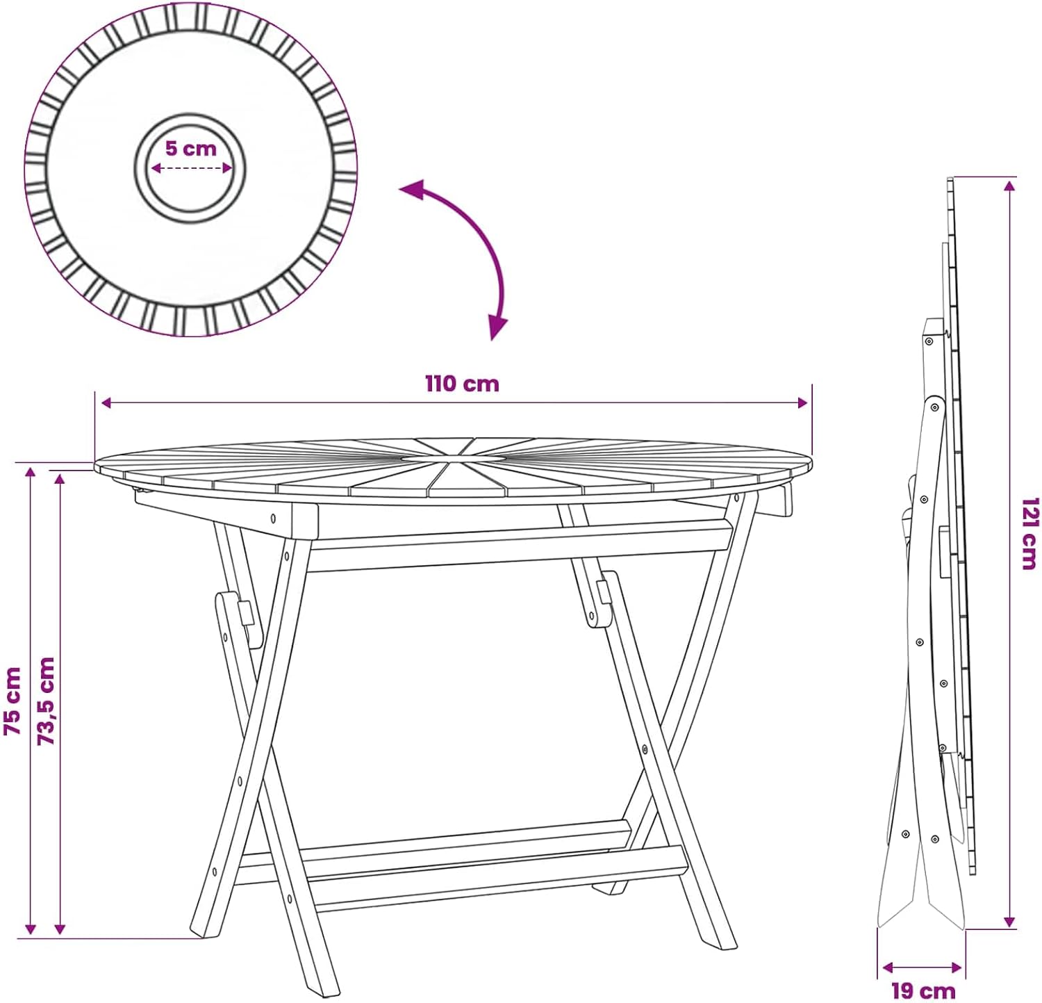 Round Solid Teak Folding Table with Water-Based Finish, 43.31 x 29.53 in, Slatted Top for Drainage, Umbrella Hole, Seats Four for Garden Patio
