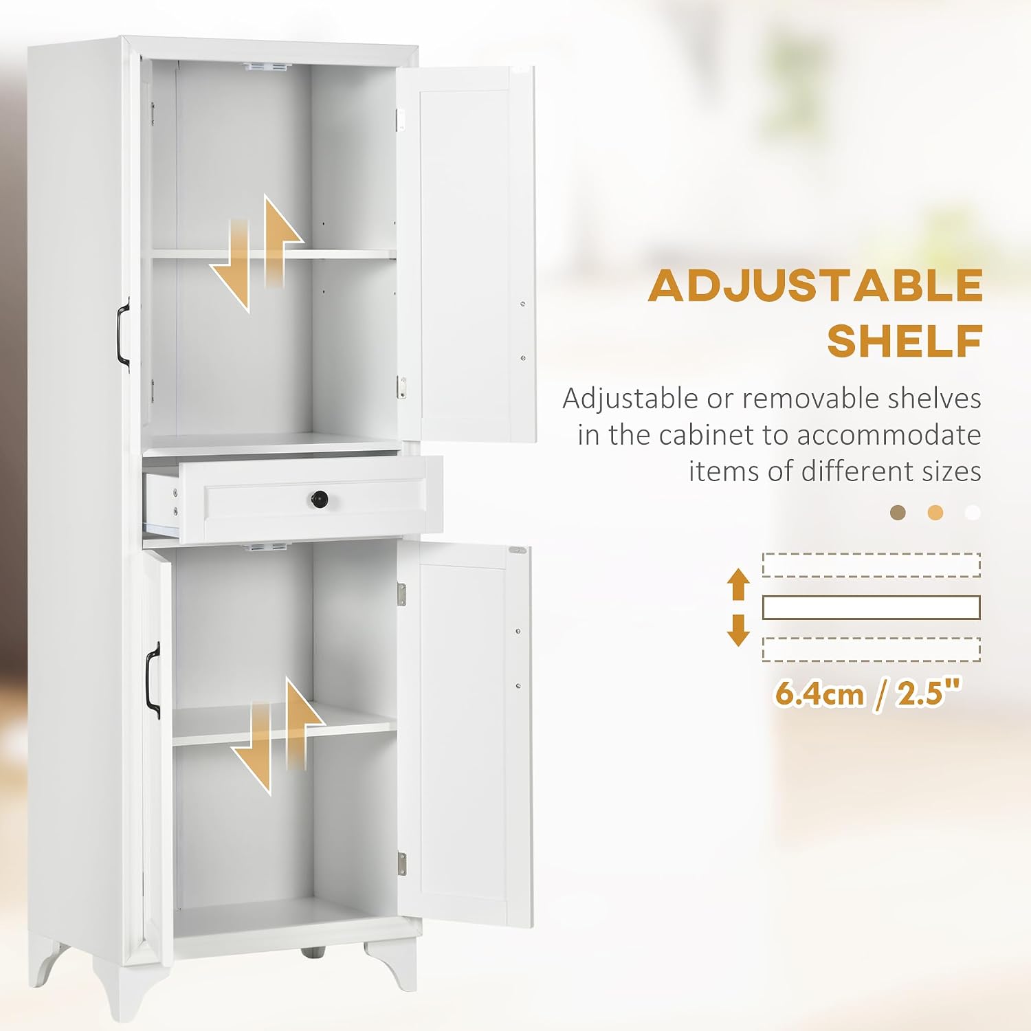 HOMCOM 67" Tall Freestanding Kitchen Pantry Cabinet, 4-Door Storage Cabinet with Drawer and Adjustable Shelves for Dining Room, White