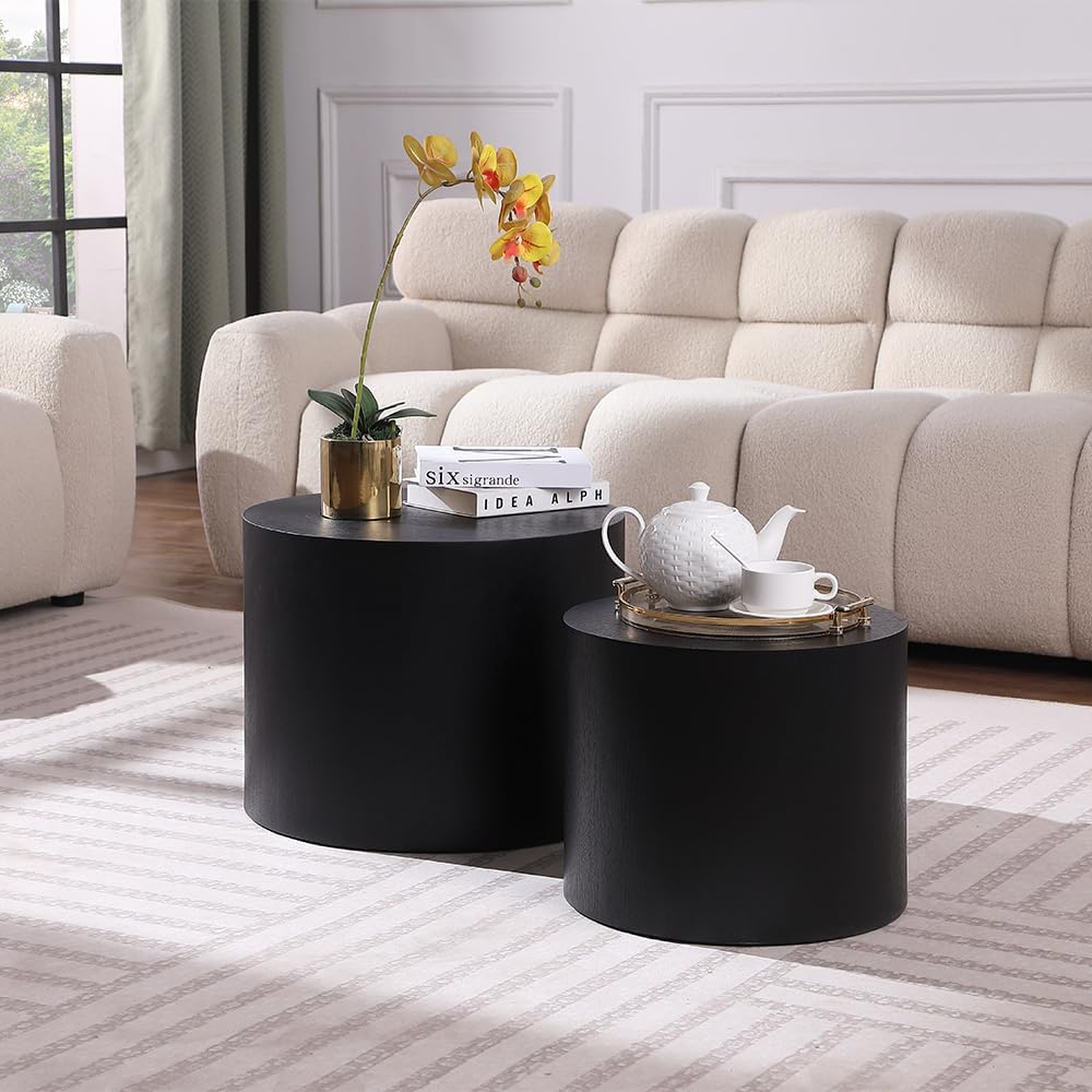 WILLIAMSPACE 18.9" Black Nesting Coffee Table Set of 2, Modern Round Coffee Tables Circle Side Table for Small Space, Accent End Table Set, No Assembling, Matte Black