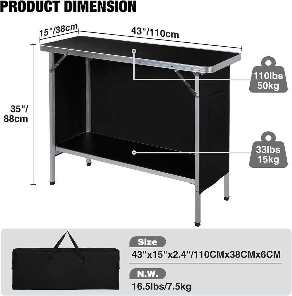 43" Long Portable Bar Table with Remote-Controlled Multi-Color LED Lights, Foldable Mobile Bartender Table for Party, 43"x33"x15" Storage Shelf, Waterproof MDF Top & Removable Skirt (Black)