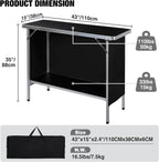 43" Long Portable Bar Table with Remote-Controlled Multi-Color LED Lights, Foldable Mobile Bartender Table for Party, 43"x33"x15" Storage Shelf, Waterproof MDF Top & Removable Skirt (Black)