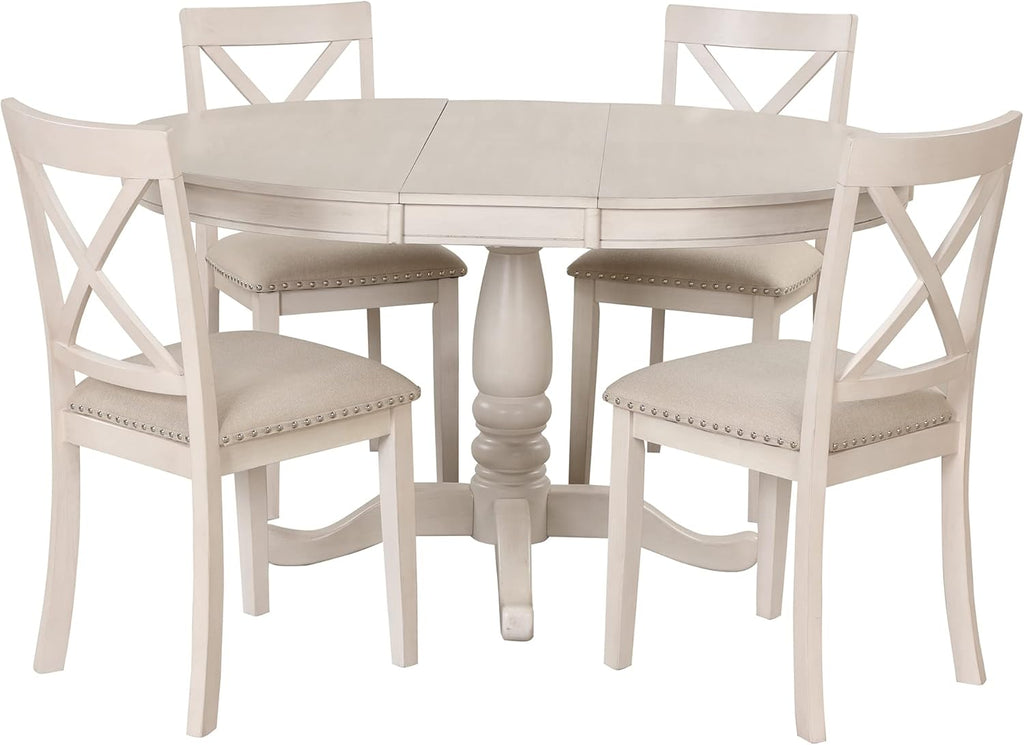 Extendable Dining Table Set for 4, 5 Piece Kitchen Table and Chairs Set, 4 X-Back Solid Wood Dining ChairSet, Industrial Oval Round Dining Table for Small Space, Apartment, French Country White
