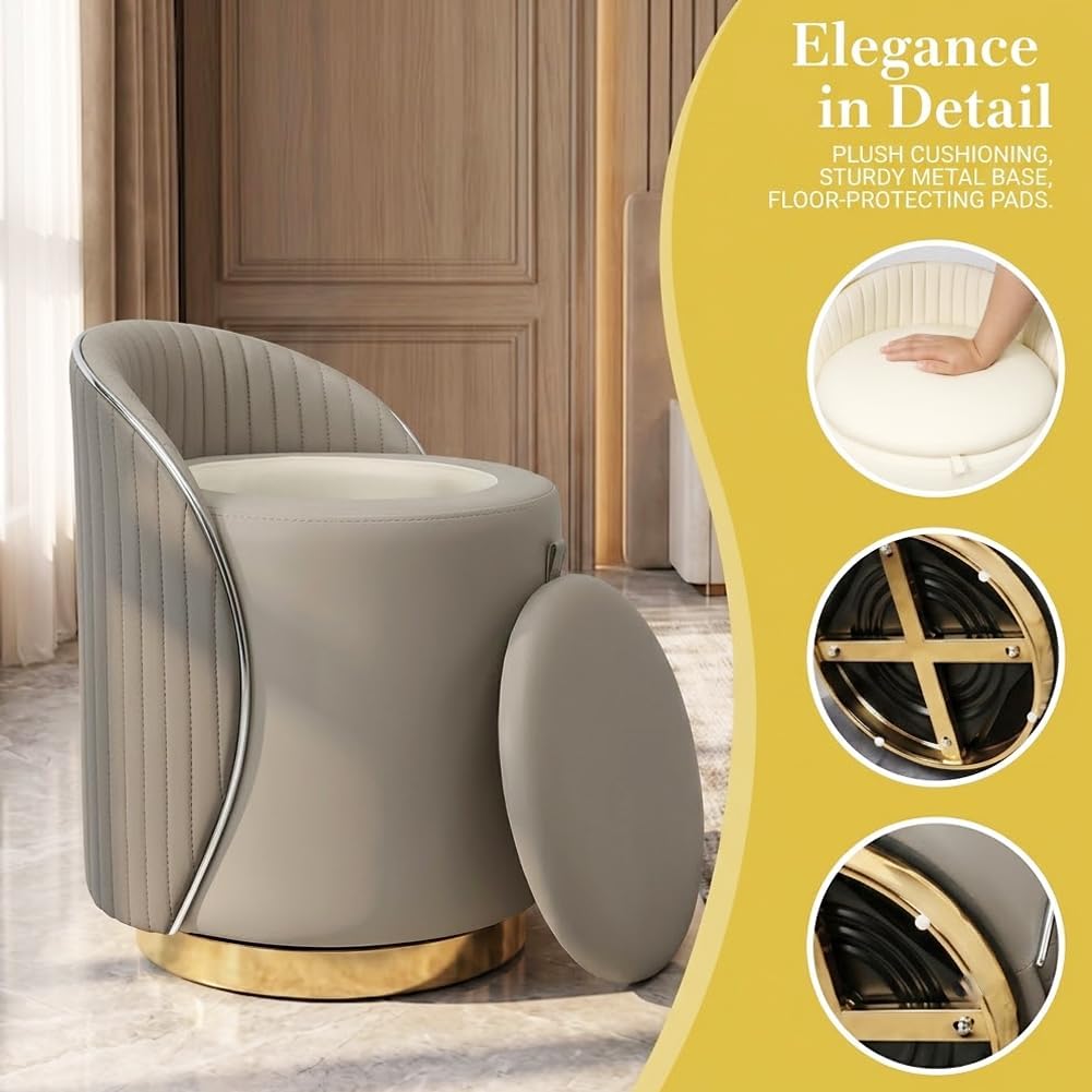 Luxury Vanity Stool with Storage, 360° Swivel Vanity Chair with Back, 400lbs Round Ottoman Leather Makeup Vanity Stool, Dressing Table Seat for Bedroom Bathroom Dressing Room (Gray- B)