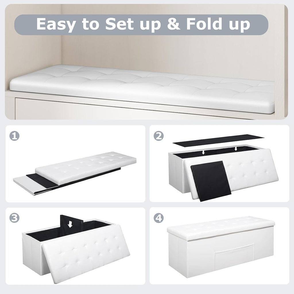 GOFLAME 43 Inches Folding Storage Ottoman Bench, PU Leather End of Bed Bench with Padded Seat and Side Pocket, Large Foot Rest Stool, Storage Chest for Entryway, Living Room, Bedroom, White