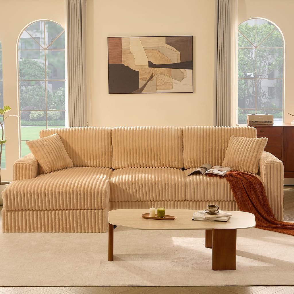GOSUHI 113" L-Shaped Cloud Couch, Modular Sectional, Deep Seats, Camel | Pocket Spring Cushions, Oversized 3-Seater, Left Facing Chaise, Corduroy Upholstery Couches for Living Room