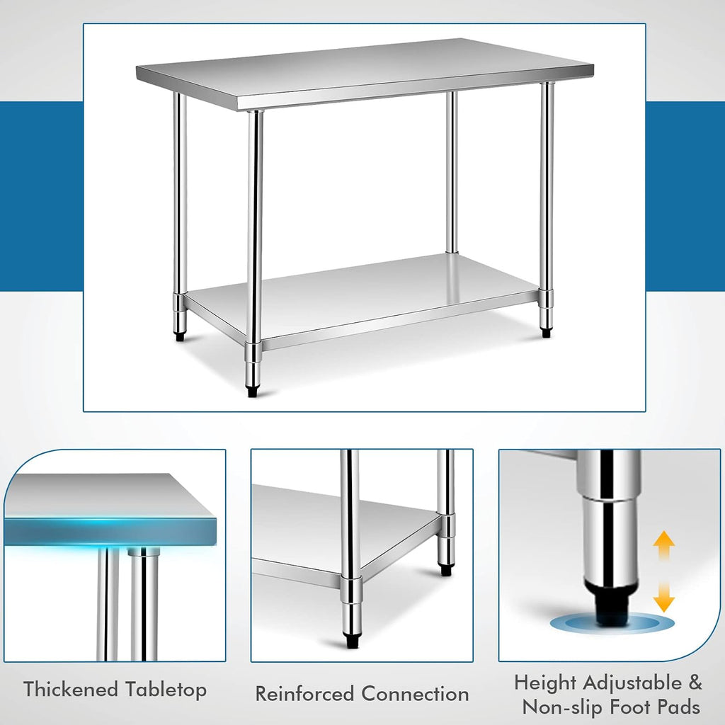 Giantex 48 x 30 Inches Stainless Steel Work Table, Heavy Duty Commercial Kitchen Food Prep Table with Adjustable Under Shelf for Restaurant Garage Home Workstation
