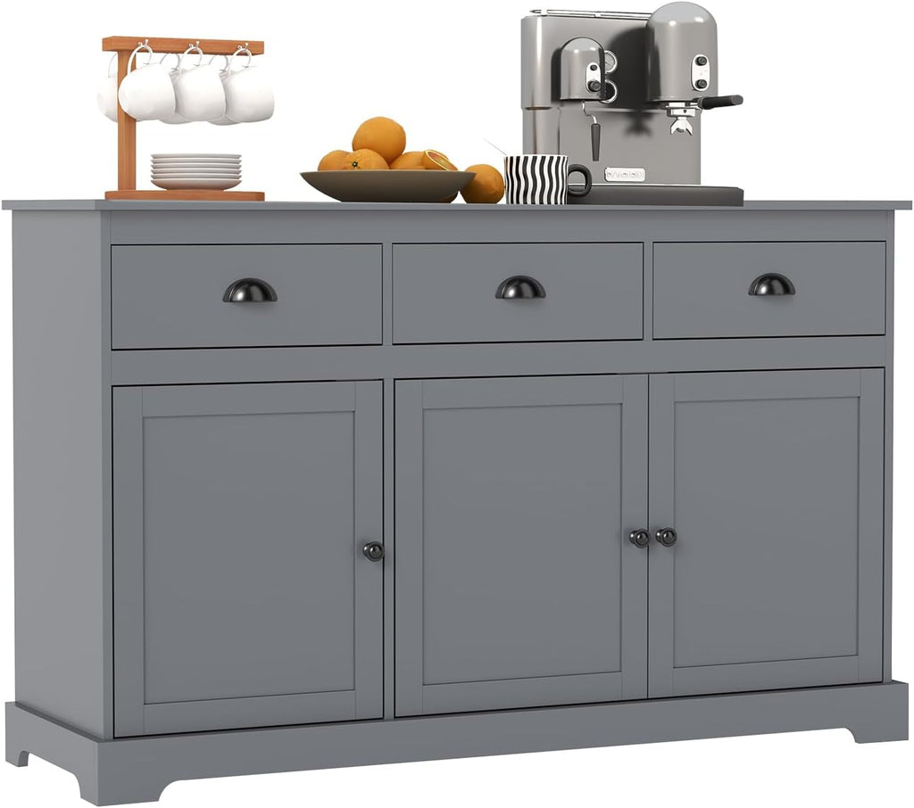 Sideboard Buffet Cabinet with Storage, 53.5” Large Kitchen Cupboard with 3 Drawers, Adjustable Shelf, Credenzas for Living Room, Wooden Coffee Bar Console Table for Dining Room (Grey)