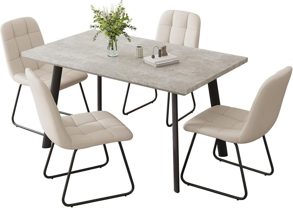 ZckyCine 47.2" Modern Grey Dining Table Set for Small Spaces, 5-Piece Set with Rectangular Table & 4 Padded Leather Chairs, Compact, Sturdy & Easy to Assemble (Table + 4 White Dining Chairs, 46.5")