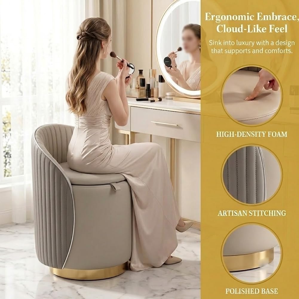 Luxury Vanity Stool with Storage, 360° Swivel Vanity Chair with Back, 400lbs Round Ottoman Leather Makeup Vanity Stool, Dressing Table Seat for Bedroom Bathroom Dressing Room (Gray- B)