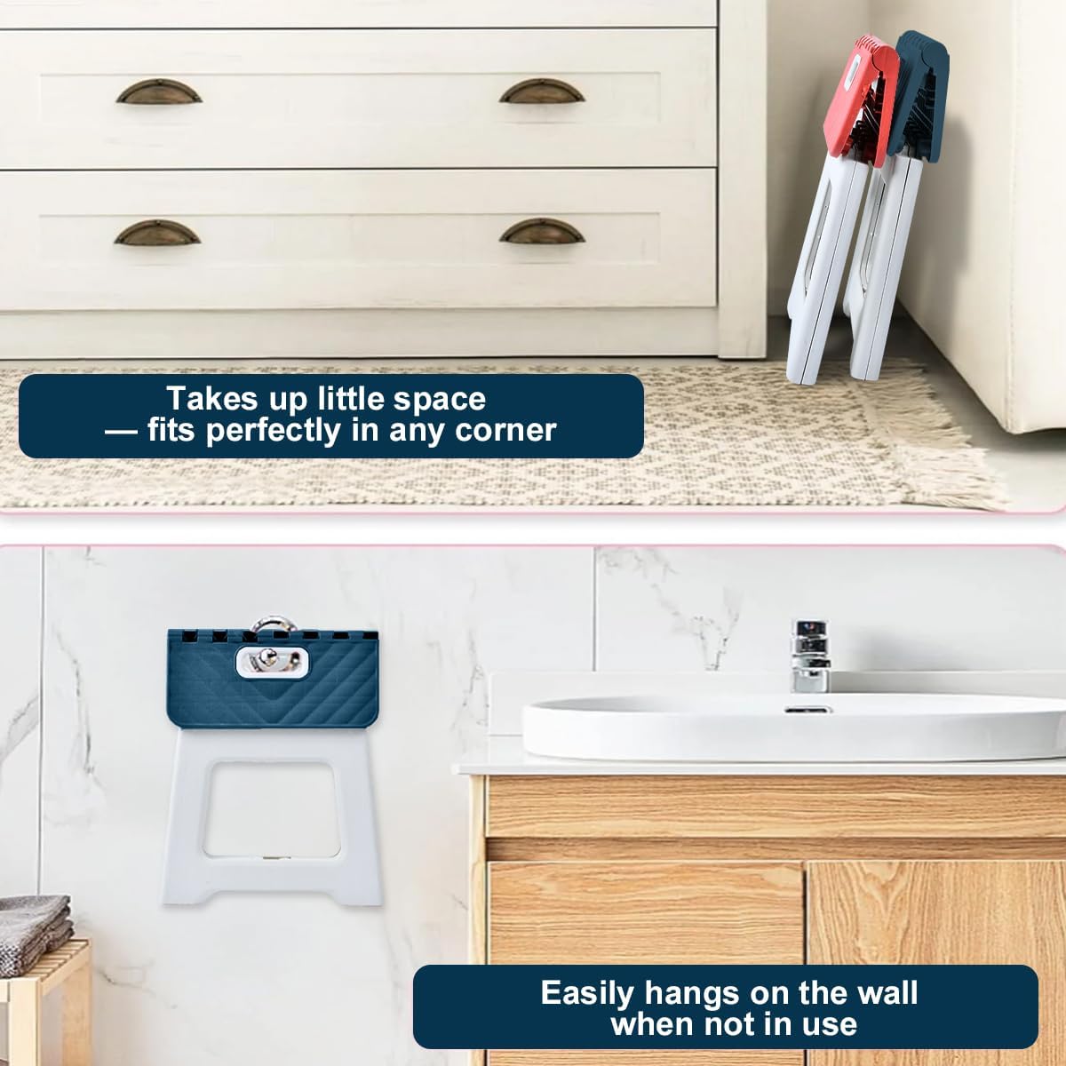 Folding Step Stool, Compact Plastic Foldable Stool for Kitchen Bathroom | Space-saving design, Lightweight and easy to carry, Durable plastic for daily use