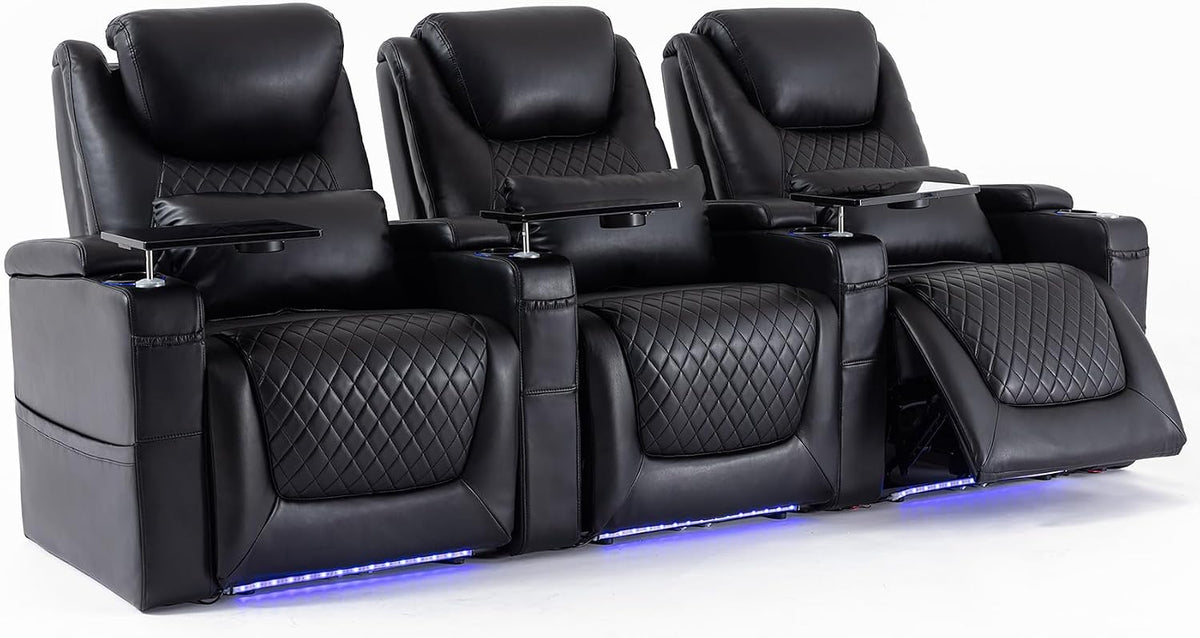 Airadlis Home Theater Seating Seats, Theater Recliner Chair Sofa Game Movie Theater Chairs with 7 Colors Ambient Lighting, Lumbar Pillow, Side Pocket, Tray Table, Power Recline, Black