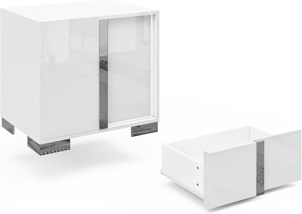 AMERLIFE Modern Nightstand, 23.6" End Table with 2 Drawers, White | Bedside Table for Bedroom, High Gloss UV Finish, Electroplated Pull Handle & Legs