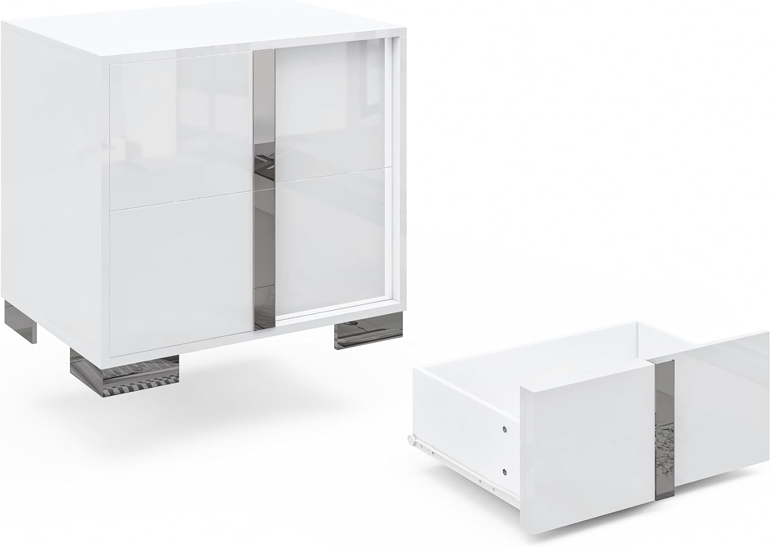 AMERLIFE Modern Nightstand, 23.6" End Table with 2 Drawers, White | Bedside Table for Bedroom, High Gloss UV Finish, Electroplated Pull Handle & Legs