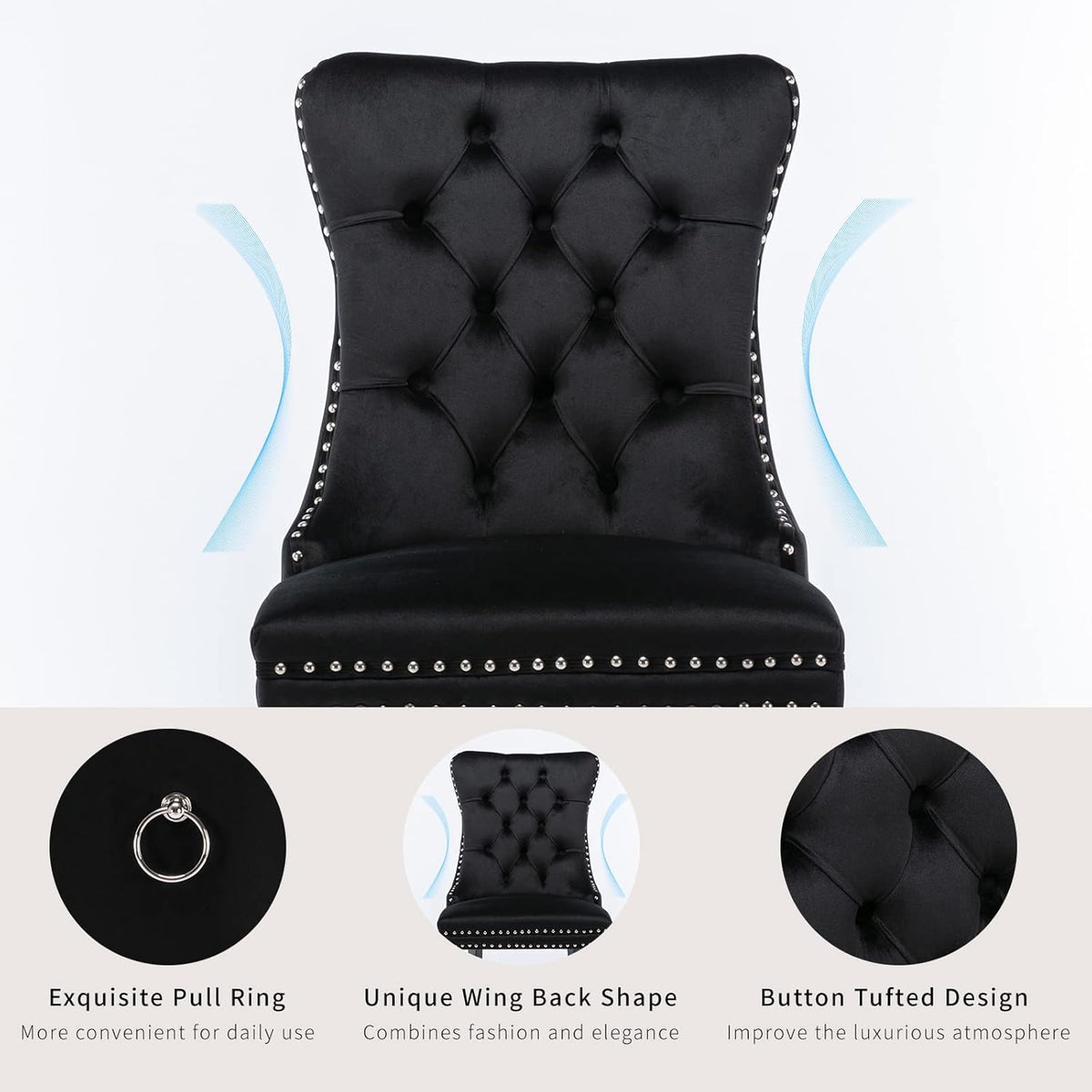ODUSE-DAILY Black Velvet Dining Chairs Set of 4, Kitchen & Dining Room Chairs, Four Fabric Tufted Dinning Chairs, Velvet Upholstered, Wing Back, Metal Pull Ring, Wood Frame, Mid Century Modern