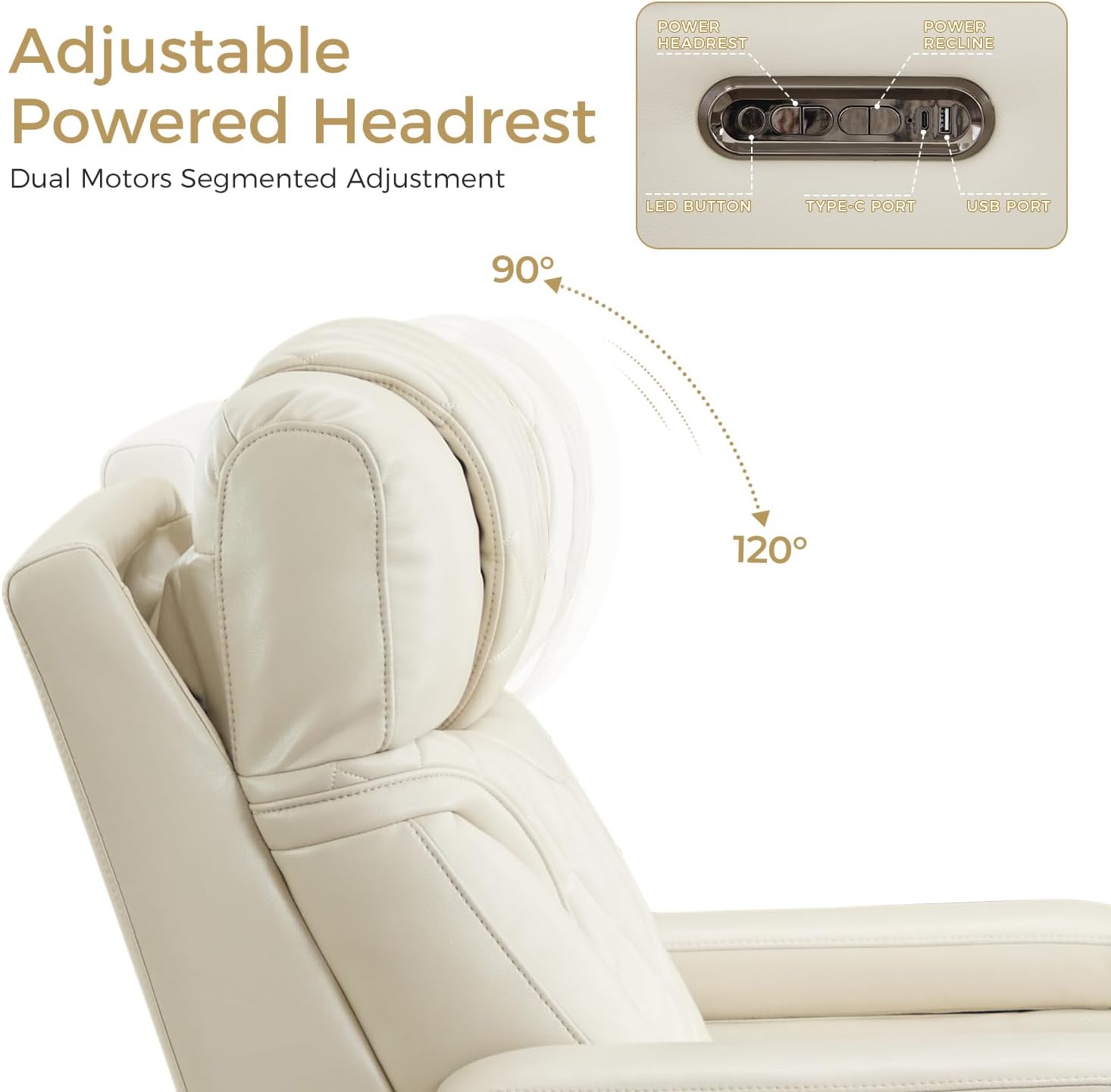 Power Recliner Sofa with Adjustable Headrest, Wireless Charger for Living Room, Electric Reclining Couch with LED Lights, Faux Leather 3 Seaters with Recliner,Home Theater Seating w/ LED Lights,Beige