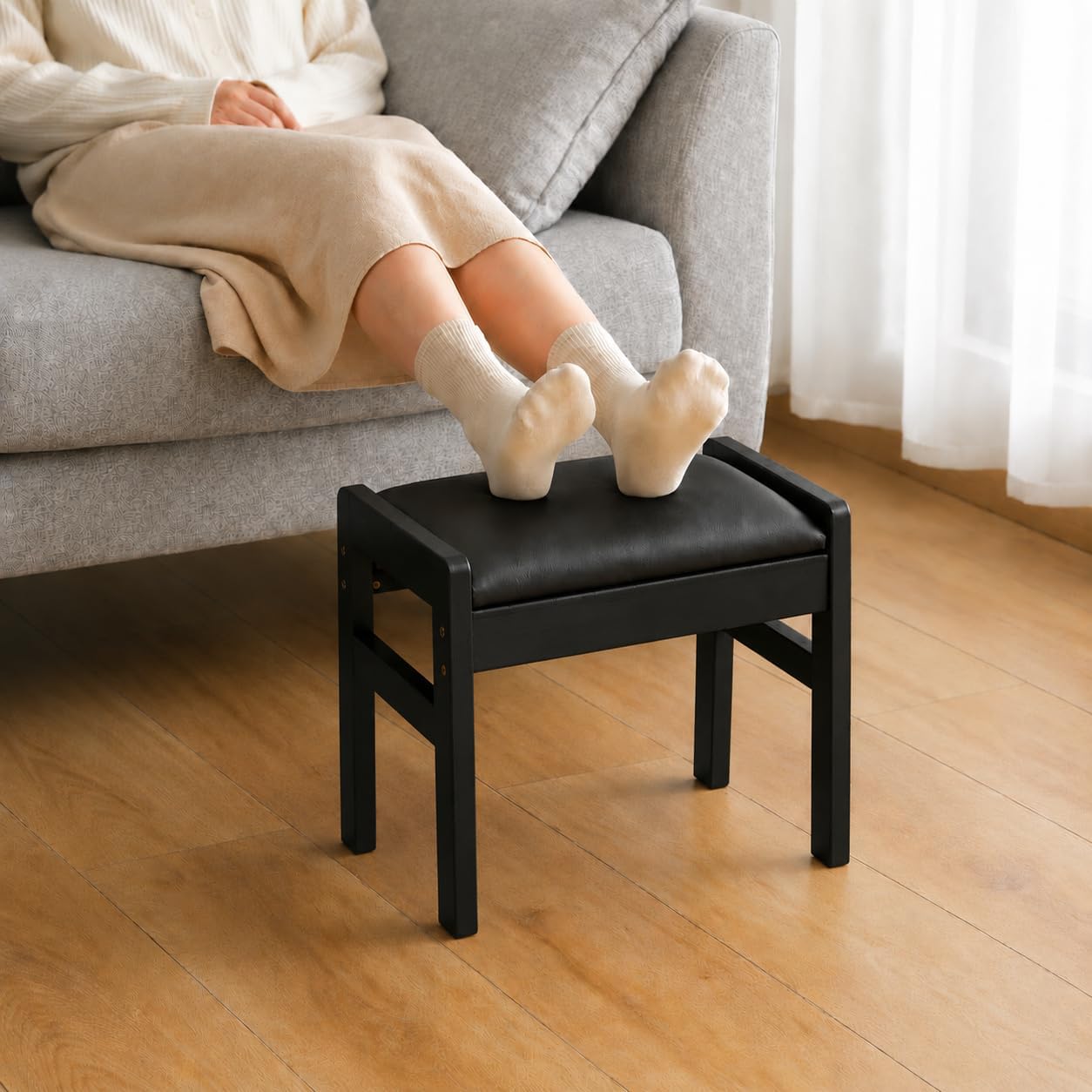 BAMBOOHOMIE Foot Stool Ottoman, Modern Vanity Stool Chair for Makeup with Removable Cushion & Side Handles, Bamboo Ottoman for Living Room Bedroom Office, Small Foot Rest for Couch (Black - Black)