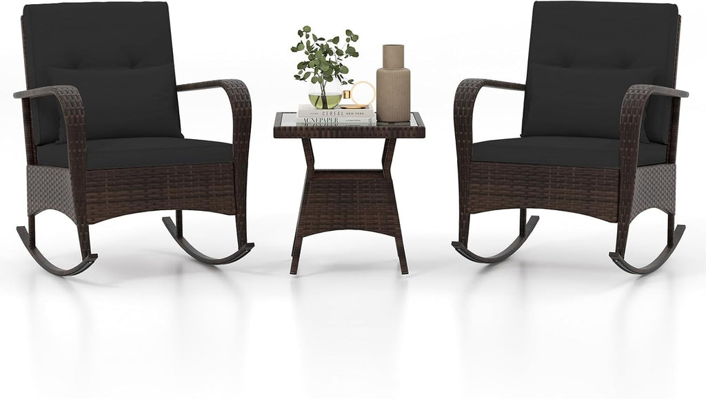 Tangkula 3 Pieces Rocking Bistro Set, Patiojoy Outdoor PE Rattan Rocker Chairs with Removable Cushions & Tempered Glass Top Coffee Table, Outdoor Wicker Furniture Set for Porch, Garden (Black)