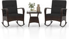 Tangkula 3 Pieces Rocking Bistro Set, Patiojoy Outdoor PE Rattan Rocker Chairs with Removable Cushions & Tempered Glass Top Coffee Table, Outdoor Wicker Furniture Set for Porch, Garden (Black)