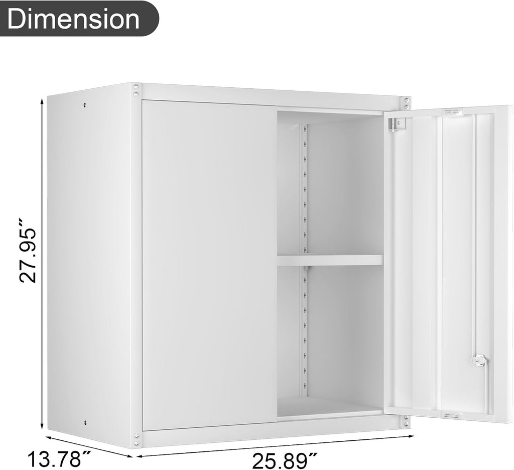 IRONFFICE Wall Cabinet,Metal Wall Cabinet for Garage with Lock,Metal Locking Storage Cabinet with Adjustable Shelf for Kitchen,Home Office,White
