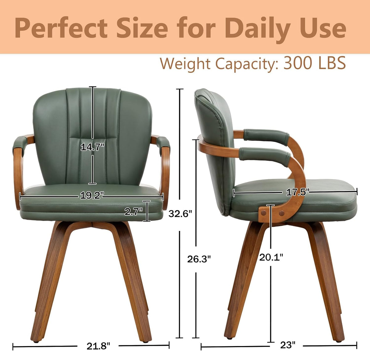 Swivel Dining Chairs Mid Century Modern Green Faux Leather Upholstered Kitchen Chairs with Bentwood Frame Armrests Side Chairs,Comfortable Ergonomic Wood Accent Chair No Wheels,1PCS