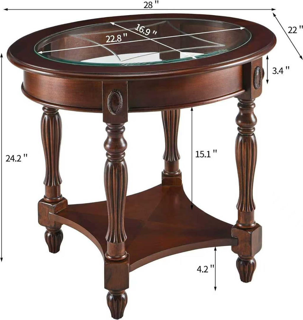 Vintage Solid Wood Oval End Table with Tempered Glass Top, 28"x24" Side Table with Carved Edge, Cherry Walnut Finish for Living Room