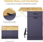 ONBRILL 47" Kitchen Island with Trash Can Storage, Include 2 Chairs, Blue | Stationary Island Table with Drop Leaf & Power Outlet, 3-Tier Spice Rack & Storage Cabinet with Adjustable Shelf