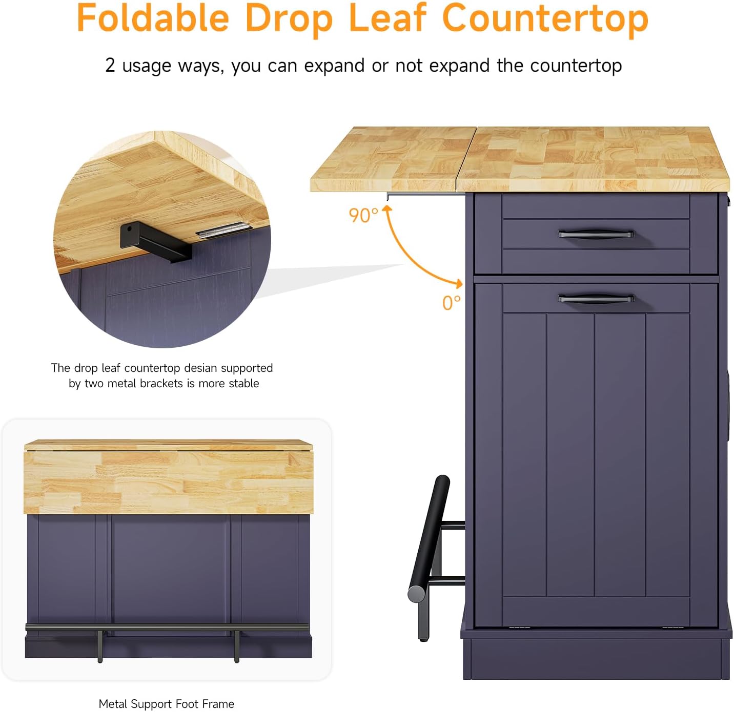 ONBRILL 47" Kitchen Island with Trash Can Storage, Include 2 Chairs, Blue | Stationary Island Table with Drop Leaf & Power Outlet, 3-Tier Spice Rack & Storage Cabinet with Adjustable Shelf