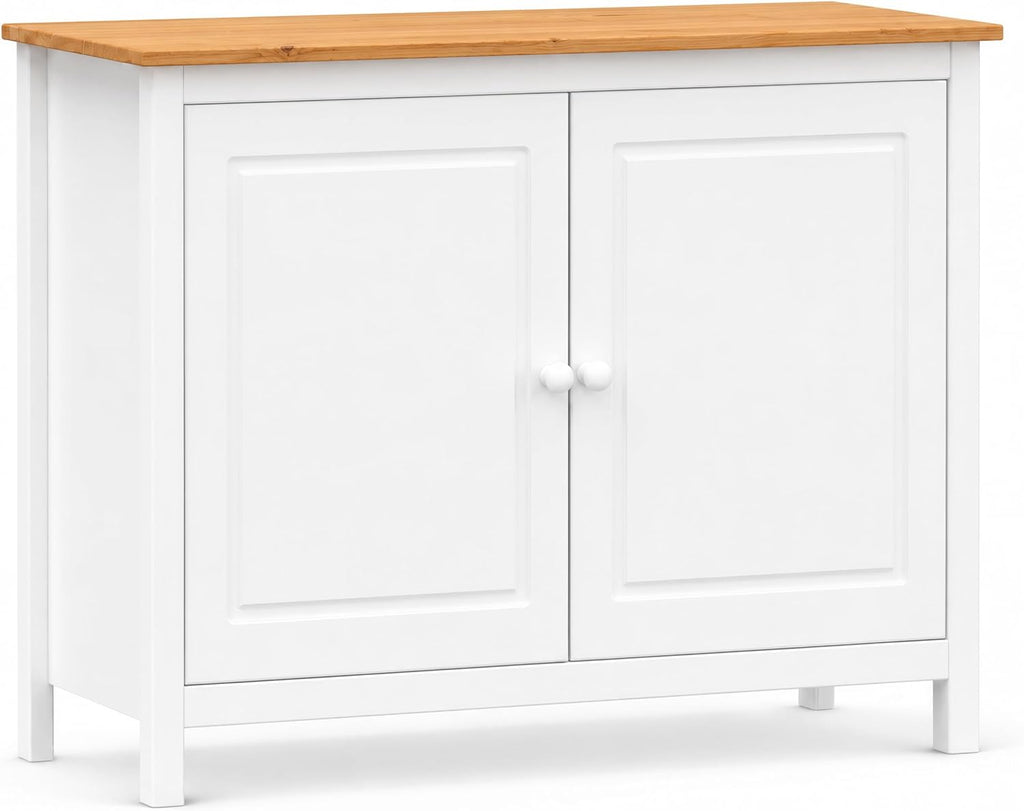 From the Tree Furniture 44" Wide White & Pine Top Solid Pine Shaker Sideboard Buffet Cabinet — 2 Doors Adjustable Shelf — No Drawer · Anti-Tip Included — Two-Tone Farmhouse Finish