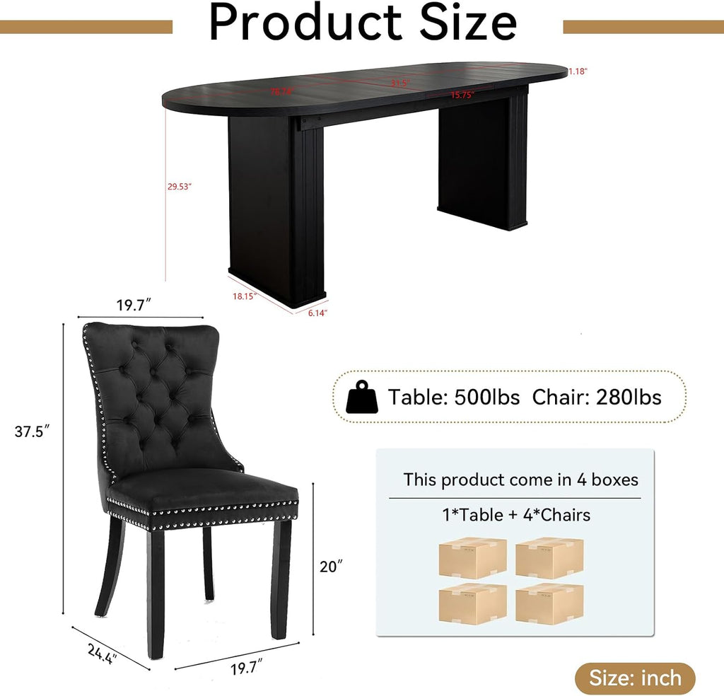 Extendable Dining Table Set of 4, Black Oval Dining Room Table & 4 Black Velvet Dining Chairs with Wood Leg, 62.99"-78.74" Kitchen Table and Chairs Set, Modern 5 Piece Dining Set