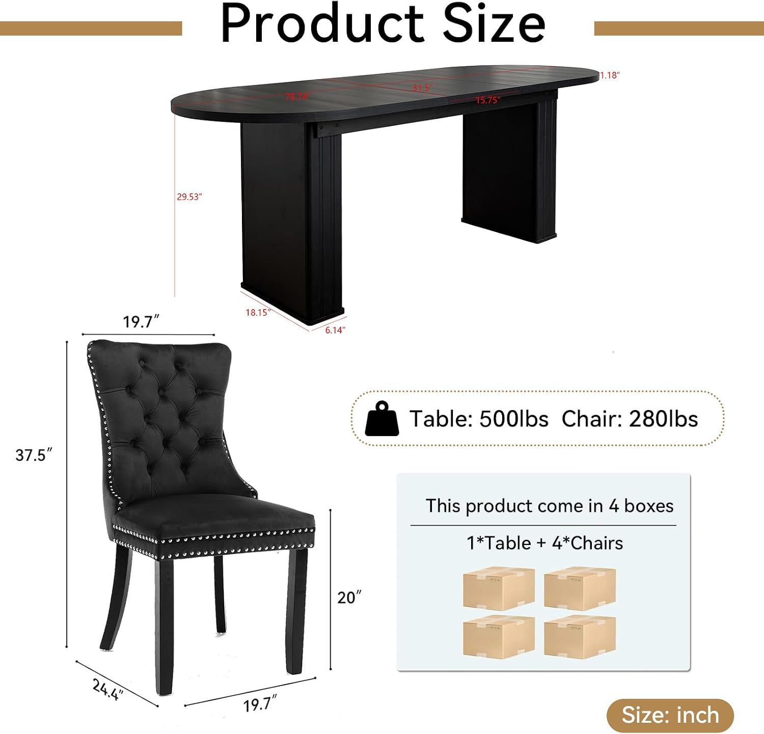 Extendable Dining Table Set of 4, Black Oval Dining Room Table & 4 Black Velvet Dining Chairs with Wood Leg, 62.99"-78.74" Kitchen Table and Chairs Set, Modern 5 Piece Dining Set