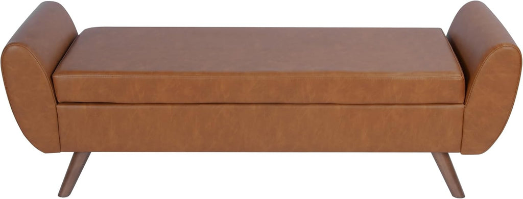 HomePop Modern Storage Bench with Wood Legs |Homepop Home Décor|Bench with Storage for Living Room & Bedroom - Cognac Brown Faux Leather