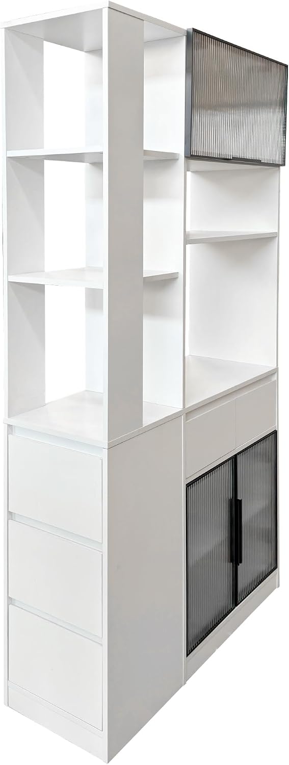 Modern 70.87" Tall Storage Cabinet with 5 Drawers, Glass Doors and Display Shelves, Freestanding Kitchen Pantry Cabinet with Microwave Space for Living Room, Dining Room, Hallway, White