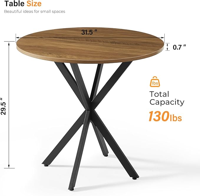 Unovivy 31.5" Small Round Dining Table for 2-4, Space Saving Circle Kitchen Dinner Table, Industrial Mid Century Modern Dining Room Desk for Kitchen, Apartment, Light Brown